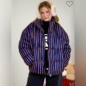 J.O.A. Blue and Gold Striped Puffer Jacket